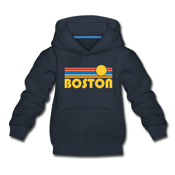 Boston, Massachusetts Youth Hoodie - Retro Sunrise Youth Boston Hooded Sweatshirt - navy