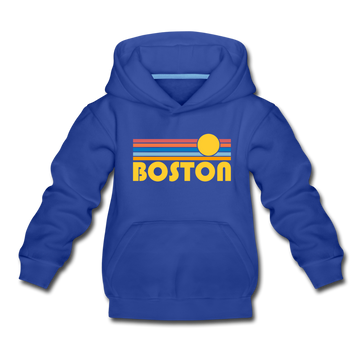 Boston, Massachusetts Youth Hoodie - Retro Sunrise Youth Boston Hooded Sweatshirt - royal blue