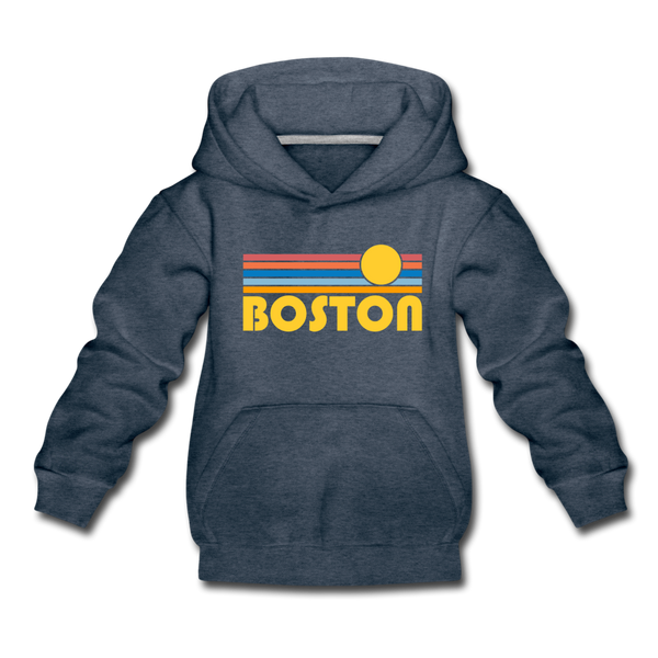 Boston, Massachusetts Youth Hoodie - Retro Sunrise Youth Boston Hooded Sweatshirt - heather denim