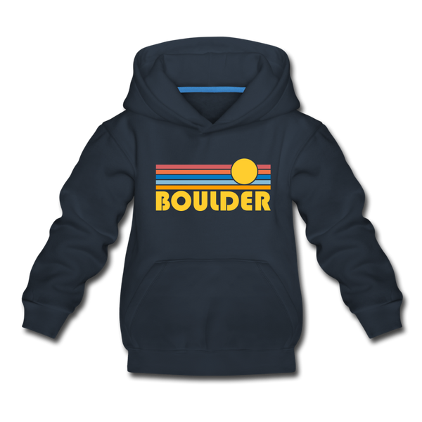 Boulder, Colorado Youth Hoodie - Retro Sunrise Youth Boulder Hooded Sweatshirt - navy