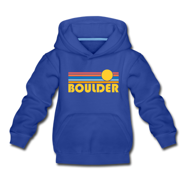 Boulder, Colorado Youth Hoodie - Retro Sunrise Youth Boulder Hooded Sweatshirt - royal blue