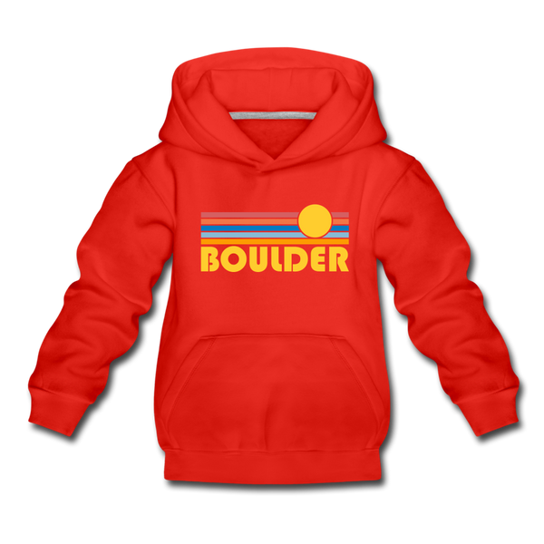 Boulder, Colorado Youth Hoodie - Retro Sunrise Youth Boulder Hooded Sweatshirt - red