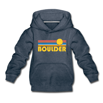 Boulder, Colorado Youth Hoodie - Retro Sunrise Youth Boulder Hooded Sweatshirt - heather denim