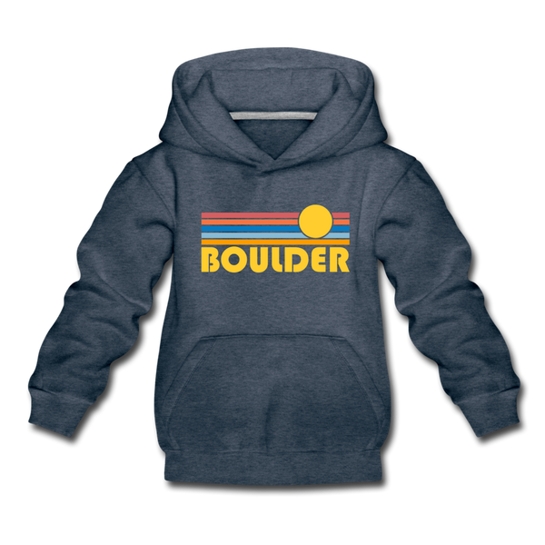 Boulder, Colorado Youth Hoodie - Retro Sunrise Youth Boulder Hooded Sweatshirt - heather denim