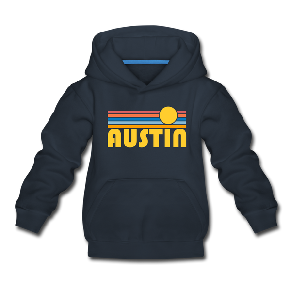 Austin, Texas Youth Hoodie - Retro Sunrise Youth Austin Hooded Sweatshirt - navy