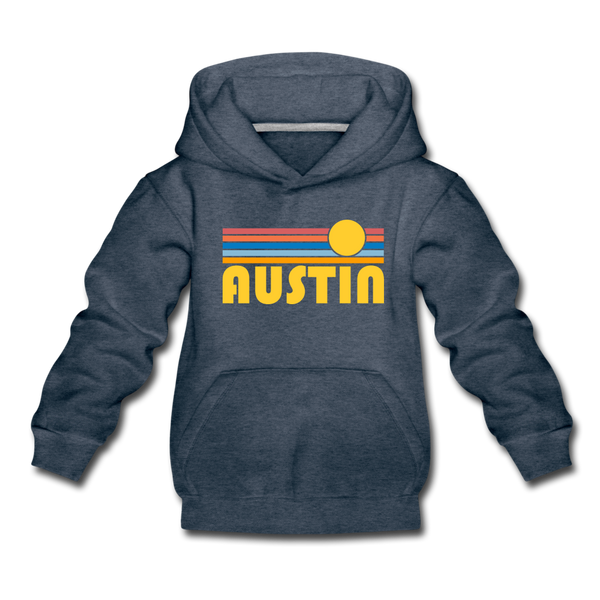 Austin, Texas Youth Hoodie - Retro Sunrise Youth Austin Hooded Sweatshirt - heather denim