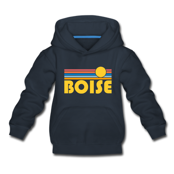 Boise, Idaho Youth Hoodie - Retro Sunrise Youth Boise Hooded Sweatshirt - navy