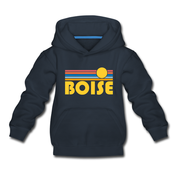 Boise, Idaho Youth Hoodie - Retro Sunrise Youth Boise Hooded Sweatshirt - navy
