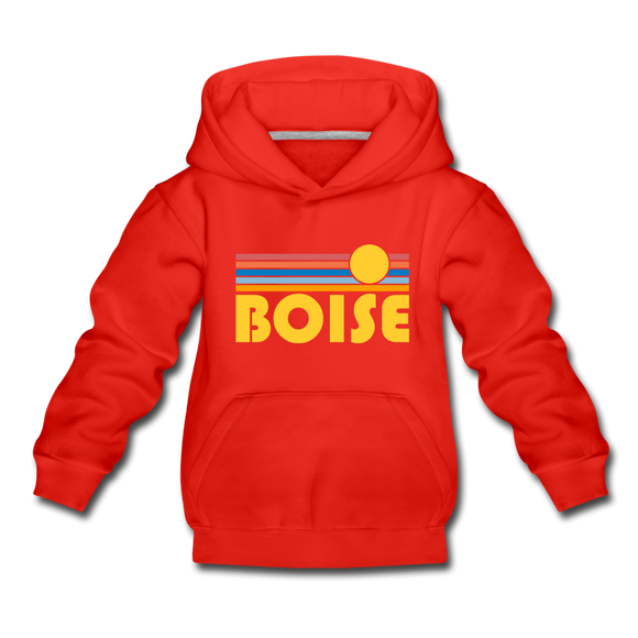 Boise, Idaho Youth Hoodie - Retro Sunrise Youth Boise Hooded Sweatshirt - red