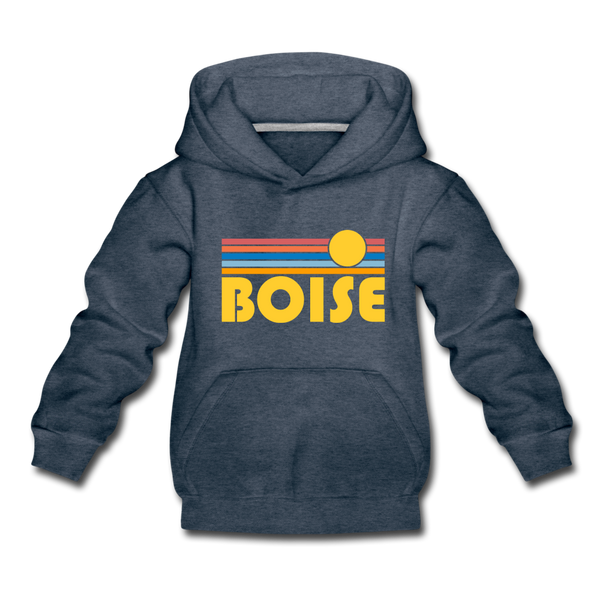 Boise, Idaho Youth Hoodie - Retro Sunrise Youth Boise Hooded Sweatshirt - heather denim