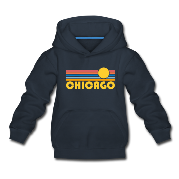 Chicago, Illinois Youth Hoodie - Retro Sunrise Youth Chicago Hooded Sweatshirt - navy