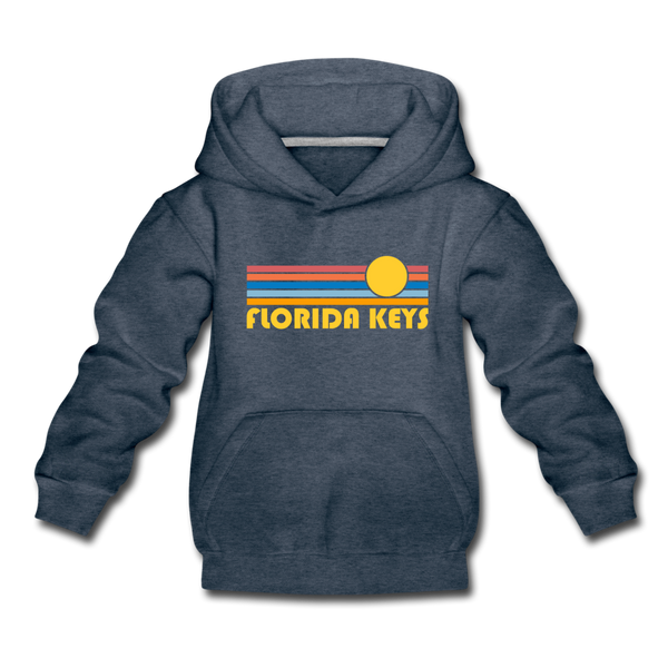 Florida Keys, Florida Youth Hoodie - Retro Sunrise Youth Florida Keys Hooded Sweatshirt - heather denim