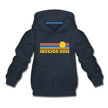 Jackson Hole, Wyoming Youth Hoodie - Retro Sunrise Youth Jackson Hole Hooded Sweatshirt - navy