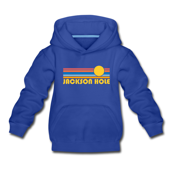 Jackson Hole, Wyoming Youth Hoodie - Retro Sunrise Youth Jackson Hole Hooded Sweatshirt - royal blue