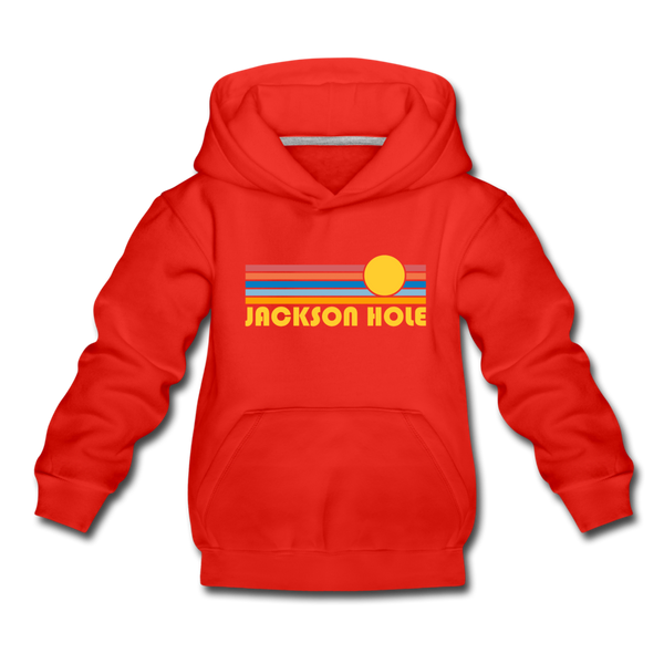 Jackson Hole, Wyoming Youth Hoodie - Retro Sunrise Youth Jackson Hole Hooded Sweatshirt - red