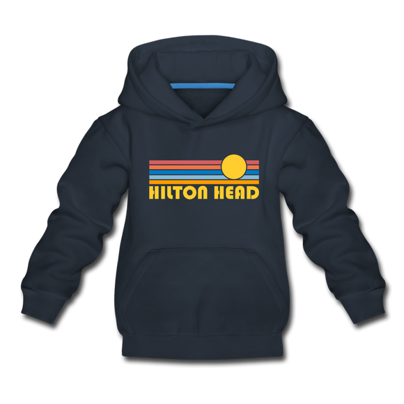 Hilton Head, South Carolina Youth Hoodie - Retro Sunrise Youth Hilton Head Hooded Sweatshirt - navy