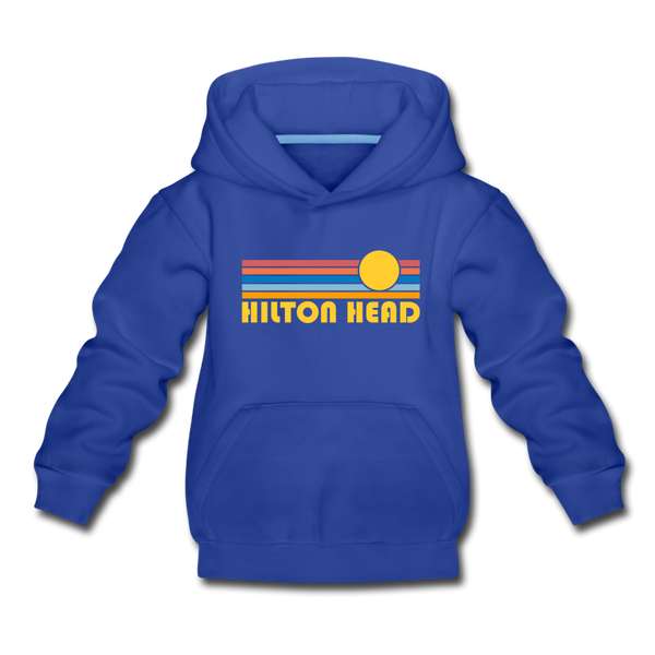 Hilton Head, South Carolina Youth Hoodie - Retro Sunrise Youth Hilton Head Hooded Sweatshirt - royal blue