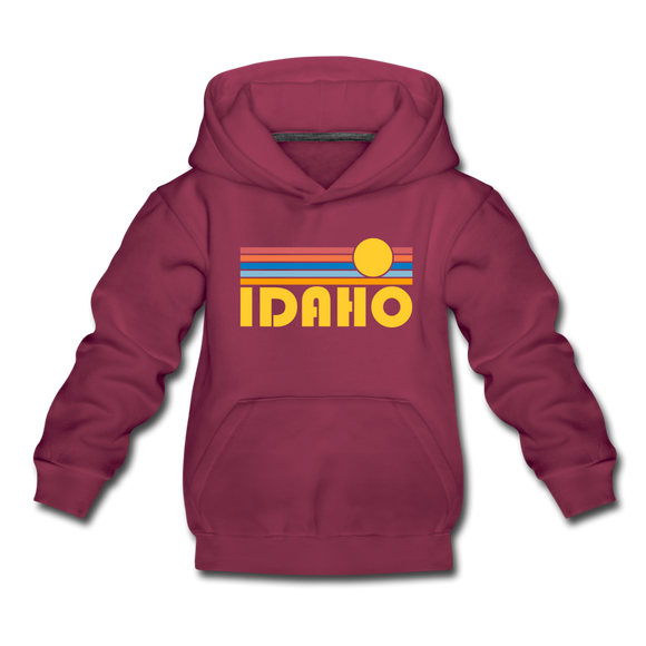 Idaho Youth Hoodie - Retro Sunrise Youth Idaho Hooded Sweatshirt - burgundy