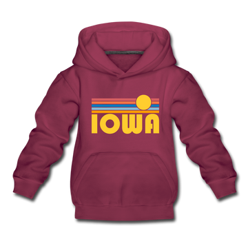Iowa Youth Hoodie - Retro Sunrise Youth Iowa Hooded Sweatshirt - burgundy