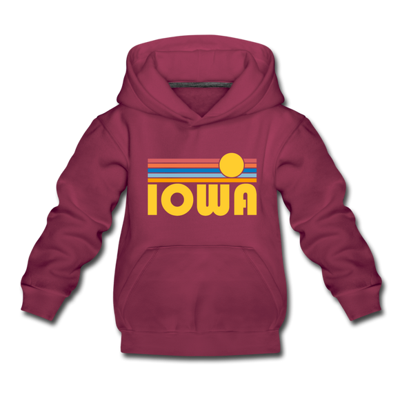 Iowa Youth Hoodie - Retro Sunrise Youth Iowa Hooded Sweatshirt - burgundy