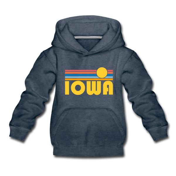 Iowa Youth Hoodie - Retro Sunrise Youth Iowa Hooded Sweatshirt - heather denim