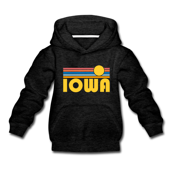 Iowa Youth Hoodie - Retro Sunrise Youth Iowa Hooded Sweatshirt - charcoal gray