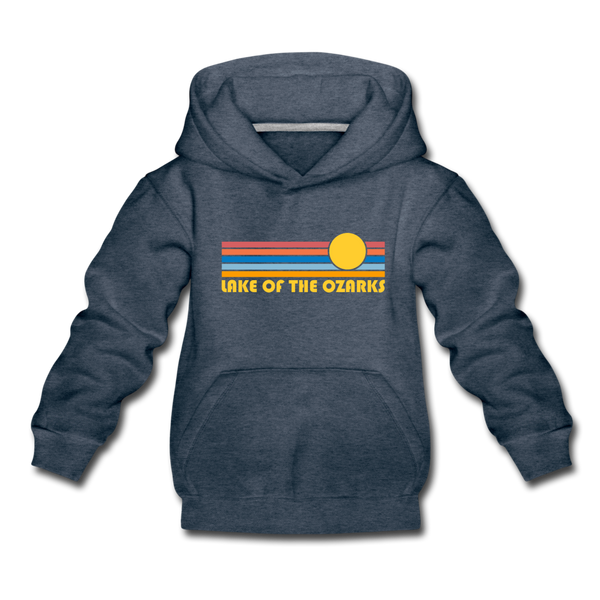 Lake of the Ozarks, Missouri Youth Hoodie - Retro Sunrise Youth Lake of the Ozarks Hooded Sweatshirt - heather denim