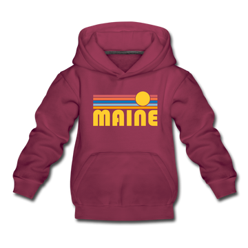 Maine Youth Hoodie - Retro Sunrise Youth Maine Hooded Sweatshirt - burgundy