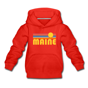 Maine Youth Hoodie - Retro Sunrise Youth Maine Hooded Sweatshirt - red