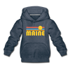 Maine Youth Hoodie - Retro Sunrise Youth Maine Hooded Sweatshirt - heather denim