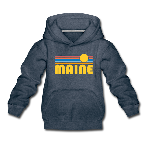 Maine Youth Hoodie - Retro Sunrise Youth Maine Hooded Sweatshirt - heather denim