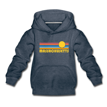 Massachusetts Youth Hoodie - Retro Sunrise Youth Massachusetts Hooded Sweatshirt - heather denim