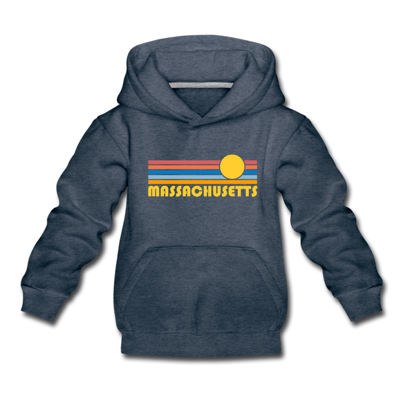 Massachusetts Youth Hoodie - Retro Sunrise Youth Massachusetts Hooded Sweatshirt - heather denim