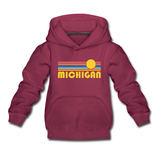 Michigan Youth Hoodie - Retro Sunrise Youth Michigan Hooded Sweatshirt - burgundy