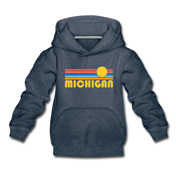 Michigan Youth Hoodie - Retro Sunrise Youth Michigan Hooded Sweatshirt - heather denim