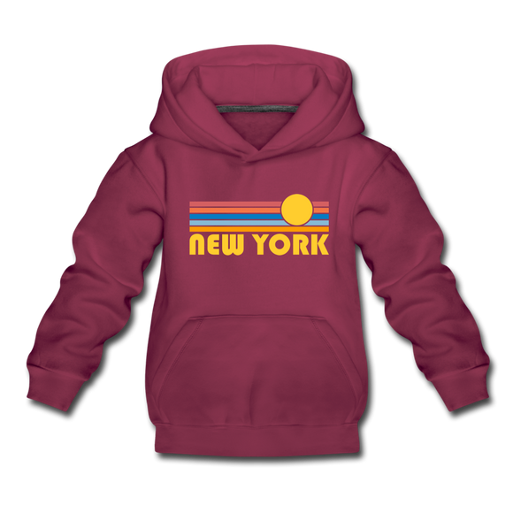 New York, New York Youth Hoodie - Retro Sunrise Youth New York Hooded Sweatshirt - burgundy