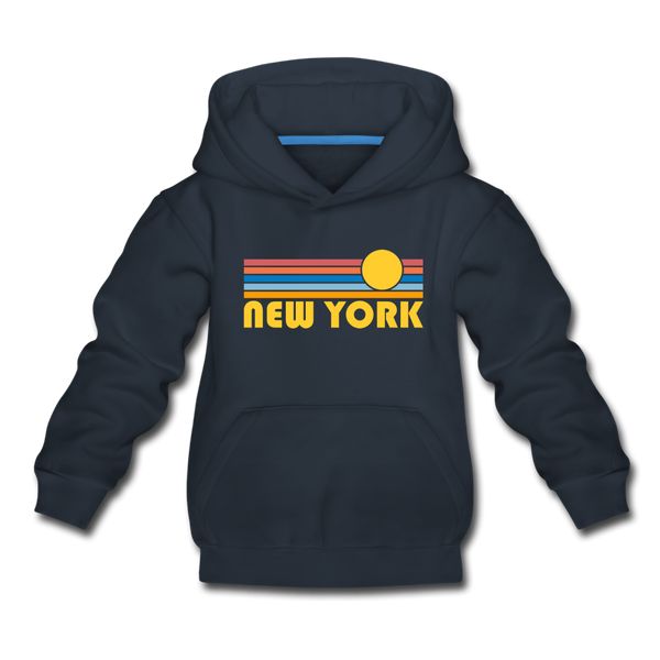 New York, New York Youth Hoodie - Retro Sunrise Youth New York Hooded Sweatshirt - navy