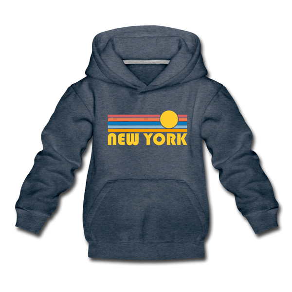 New York, New York Youth Hoodie - Retro Sunrise Youth New York Hooded Sweatshirt - heather denim