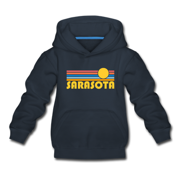 Sarasota, Florida Youth Hoodie - Retro Sunrise Youth Sarasota Hooded Sweatshirt - navy
