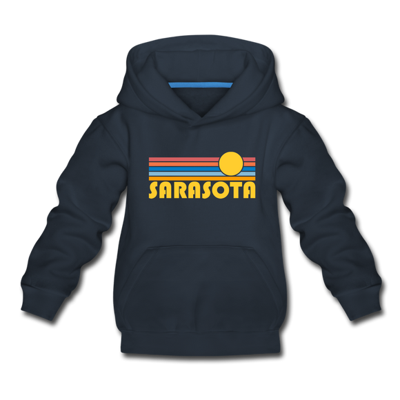 Sarasota, Florida Youth Hoodie - Retro Sunrise Youth Sarasota Hooded Sweatshirt - navy