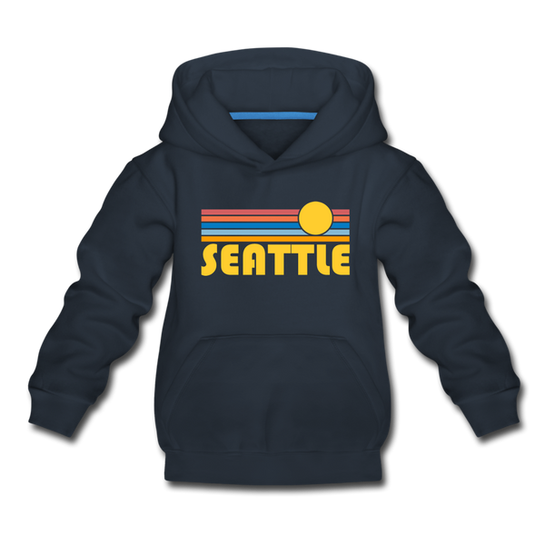 Seattle, Washington Youth Hoodie - Retro Sunrise Youth Seattle Hooded Sweatshirt - navy