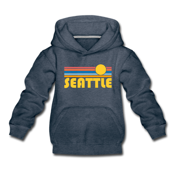 Seattle, Washington Youth Hoodie - Retro Sunrise Youth Seattle Hooded Sweatshirt - heather denim