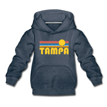 Tampa, Florida Youth Hoodie - Retro Sunrise Youth Tampa Hooded Sweatshirt - heather denim