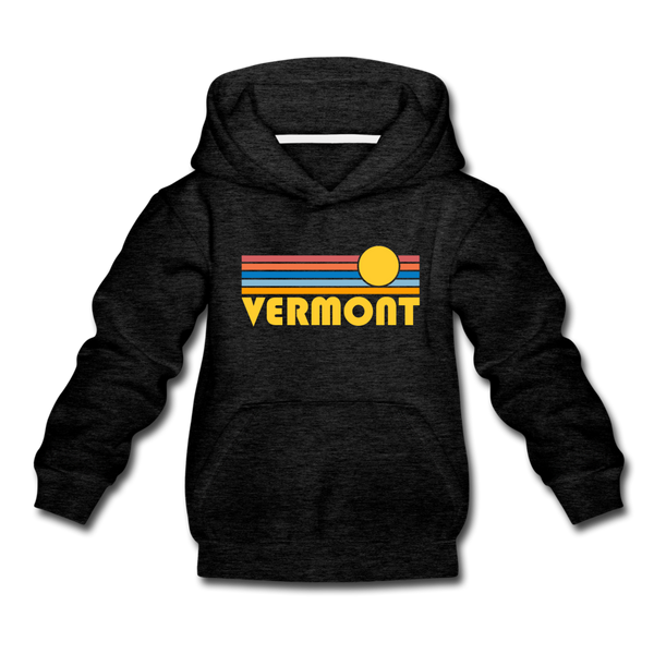 Vermont Youth Hoodie - Retro Sunrise Youth Vermont Hooded Sweatshirt - charcoal gray