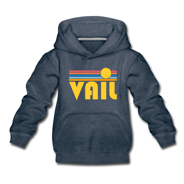 Vail, Colorado Youth Hoodie - Retro Sunrise Youth Vail Hooded Sweatshirt - heather denim