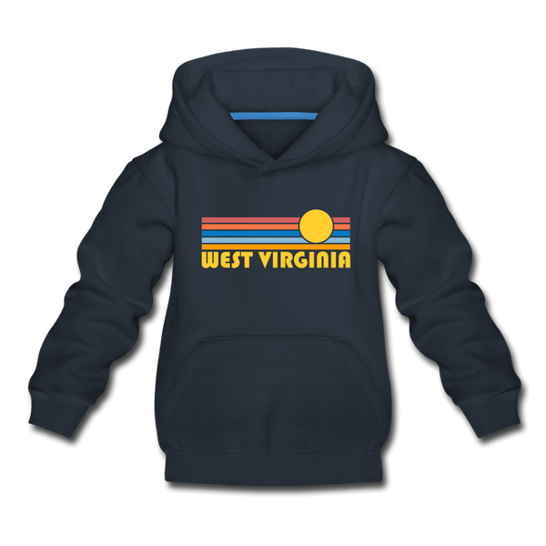 West Virginia Youth Hoodie - Retro Sunrise Youth West Virginia Hooded Sweatshirt - navy