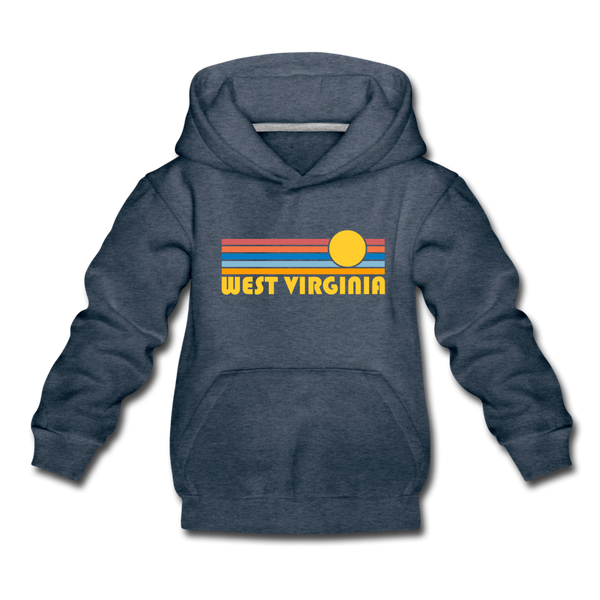 West Virginia Youth Hoodie - Retro Sunrise Youth West Virginia Hooded Sweatshirt - heather denim