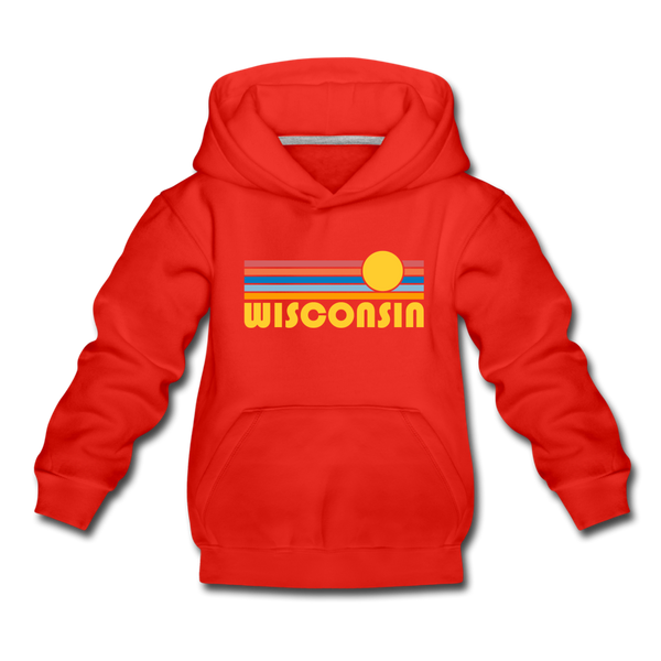 Wisconsin Youth Hoodie - Retro Sunrise Youth Wisconsin Hooded Sweatshirt - red
