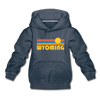 Wyoming Youth Hoodie - Retro Sunrise Youth Wyoming Hooded Sweatshirt - heather denim