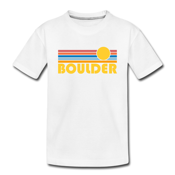 Boulder, Colorado Youth T-Shirt - Retro Sunrise Youth Boulder Tee - white